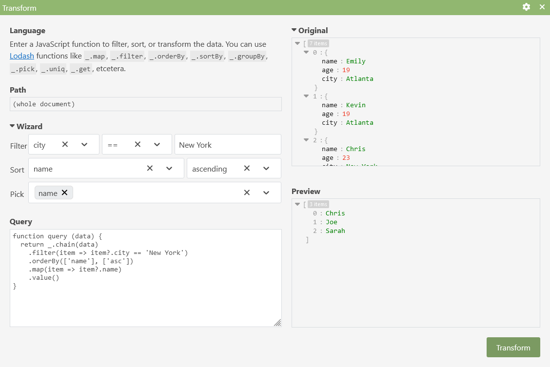 Transform modal sort pick filter